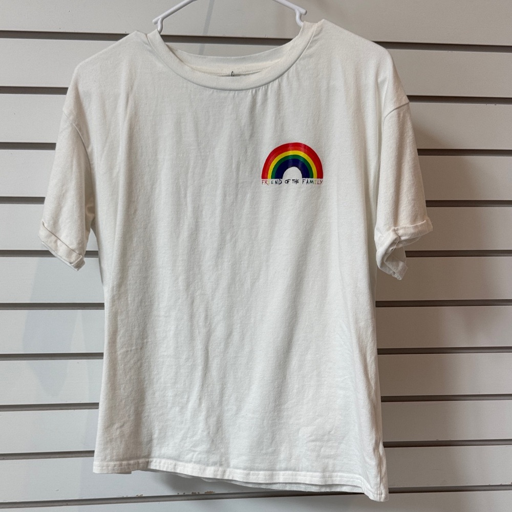 White Short Sleeve Tee with Rainbow Design